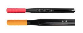 Two Swift adaptive oar handles, small (red grip) and medium (orange grip), with length engraving