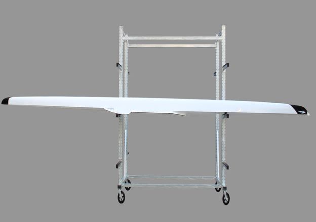 Swift mobile boat trolley with a coastal hull loaded across two padded cross beams