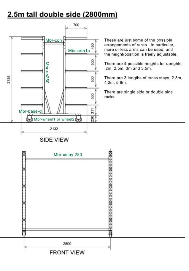 Diagram, 2.5 m tall double-side rack with 2.8 m cross-stay