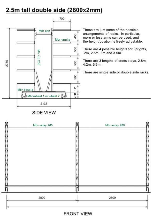Diagram, 2.5 m tall double-side rack with 2 × 2.8 m cross-stays = 5.6 m total