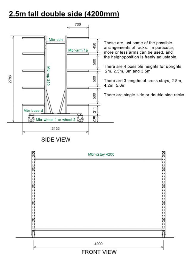 Diagram, 2.5 m tall double-side rack with 4.2 m cross-stay