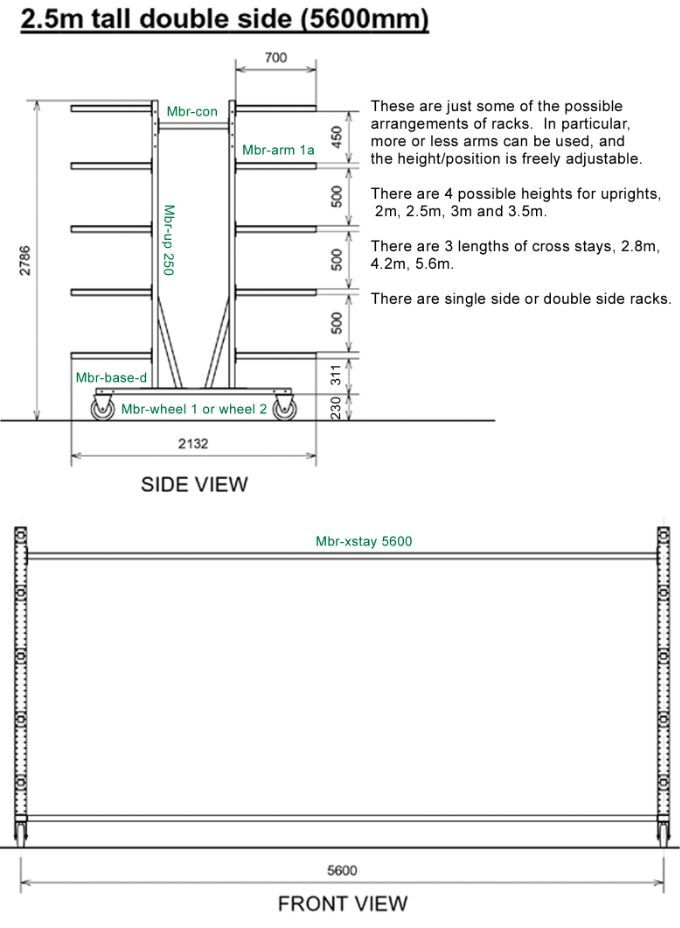 Diagram, 2.5 m tall double-side rack with 5.6 m cross-stay
