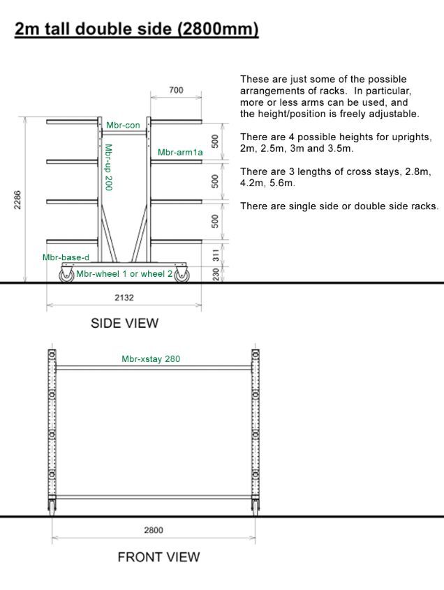 Diagram, 2 m tall double-side rack with 2.8 m cross-stay, side and front views
