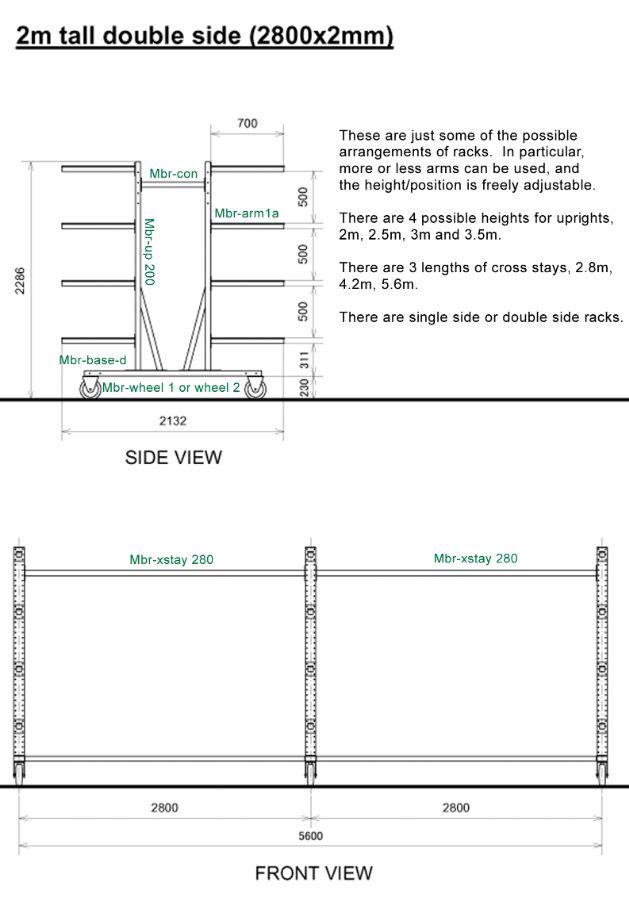 Diagram, 2 m tall double-side rack with 2 × 2.8 m cross-stays = 5.6 m total