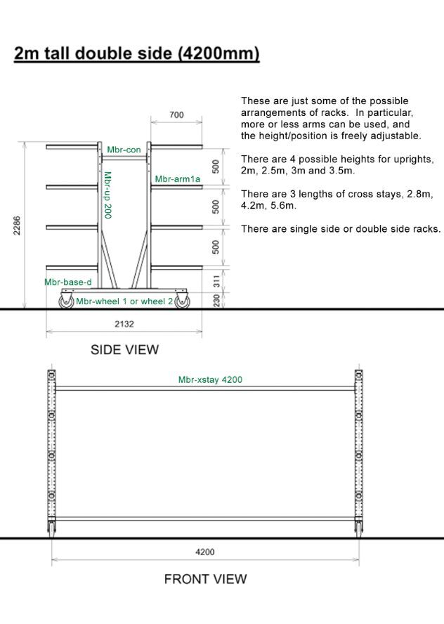 Diagram, 2 m tall double-side rack with 4.2 m cross-stay
