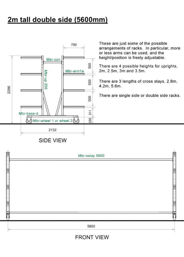 Diagram, 2 m tall double-side rack with 5.6 m cross-stay