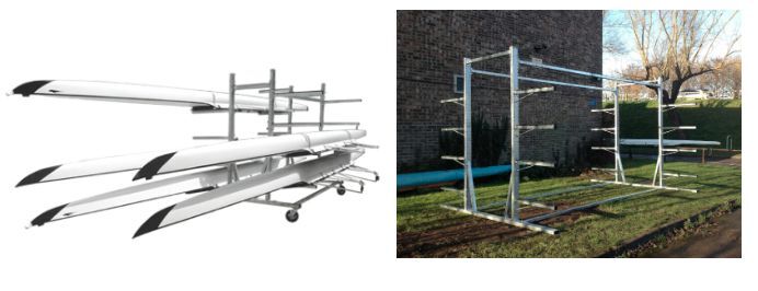 Two photos, 3D render of a Swift double-side rack loaded with boats, and an outdoor double-side rack installed on grass
