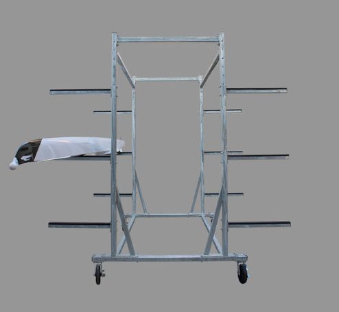 Swift regatta rack, front view of a double-sided mobile rack made from 4×4 cm container steel pipe with arms on both sides