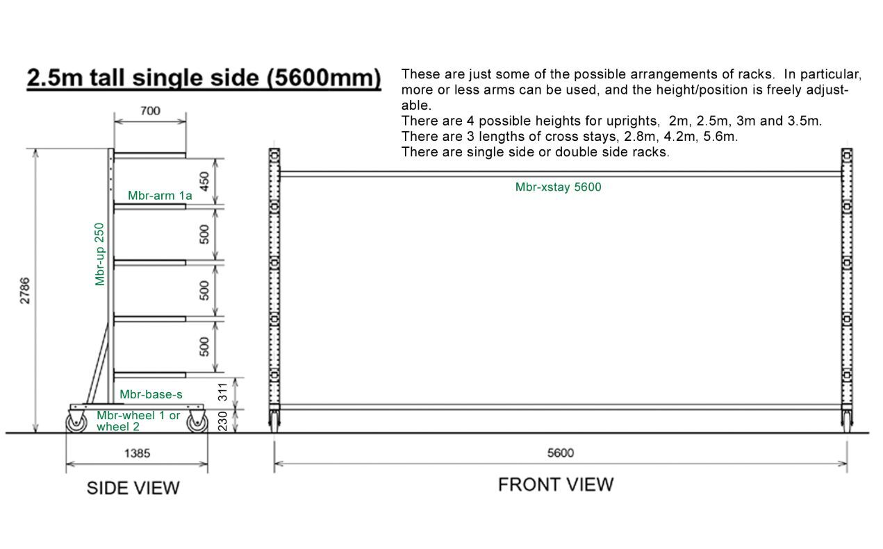 Diagram, 2.5 m tall single-side rack with 5.6 m cross-stay