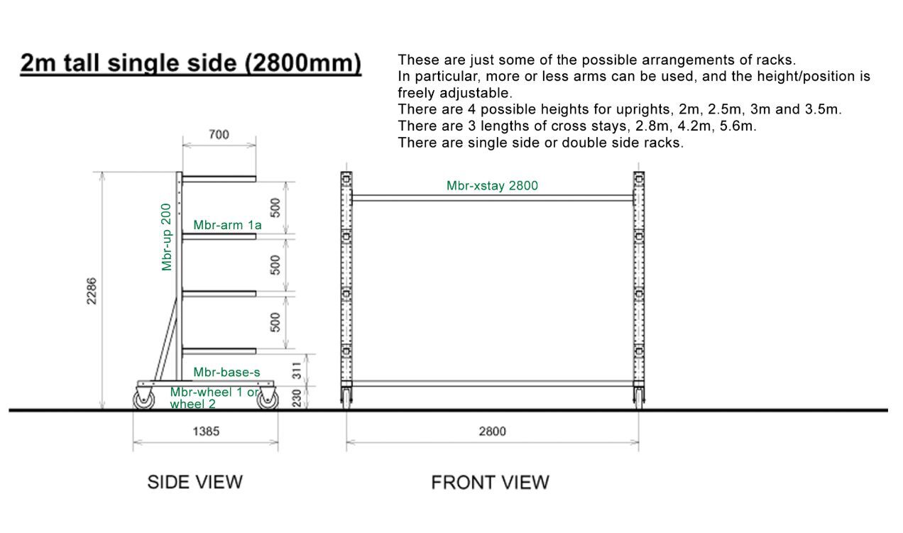 Diagram, 2 m tall single-side rack with 2.8 m cross-stay, side and front views