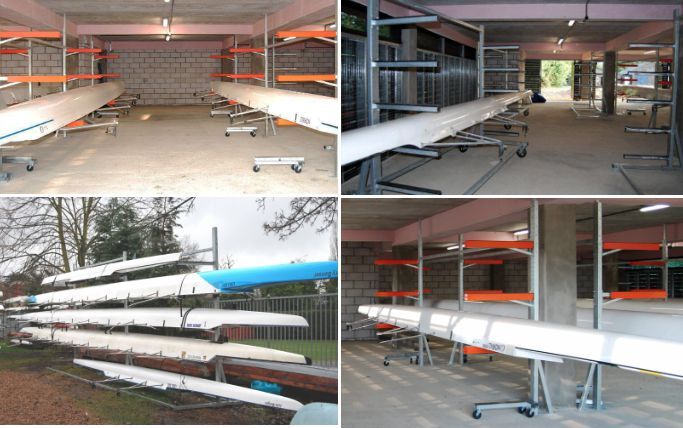 Four photos of Swift single-side adjustable boat racks installed at boathouses, indoor and outdoor configurations