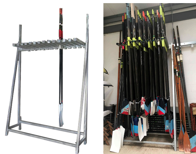 Swift vertical oar rack, empty single-side unit and a fully loaded rack with scull and sweep oars