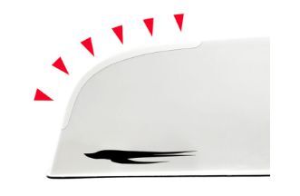 Bow of a coastal boat with red triangle indicators showing where BowTuff tape is applied