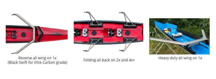 Three Swift coastal rigger configurations: reverse ali wing on 1x, folding ali back on 2x and 4x+, heavy duty ali wing on 1x