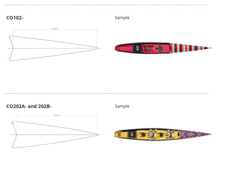 CO102- bow deck wrap template line drawing and Swift sample wrap (red with rainbow stripes), and CO202A-/202B- template and sample wrap (yellow with red speckle pattern)