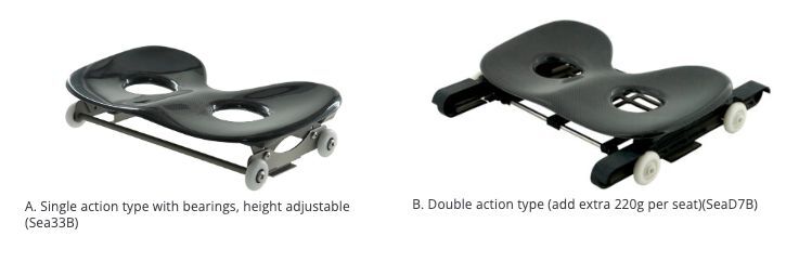 A. Single action seat with bearings, height adjustable (Sea33B). B. Double action seat (SeaD7B)