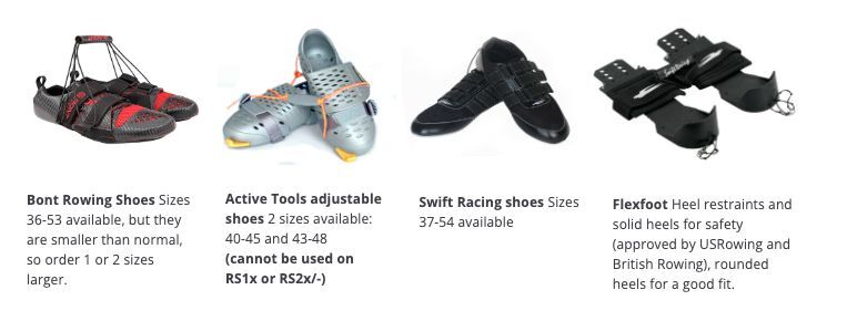 Bont Rowing Shoes, Active Tools adjustable shoes, Swift Racing shoes, Flexfoot heel restraints
