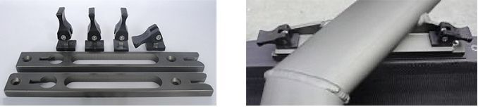 Quick Release parts: rail-mounted oarlock parts on the left, QR clamp on the rigger pipe on the right