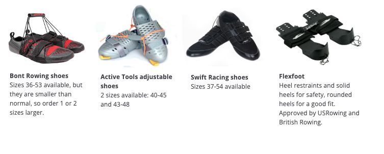 Bont Rowing shoes, Active Tools adjustable shoes, Swift Racing shoes, and Flexfoot heel restraints